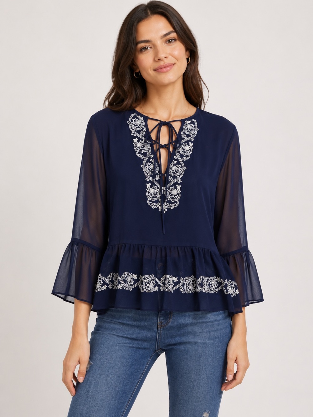 Walter Baker Embroidered Semi Sheer Peasant Top large NWT